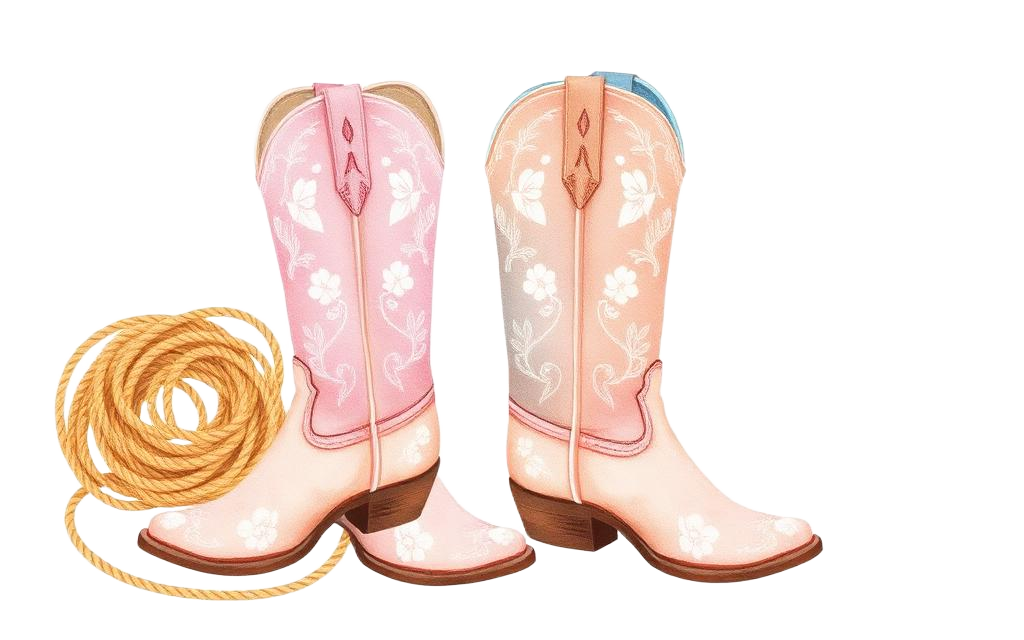 Pink and blue cowgirl boots with a lasso